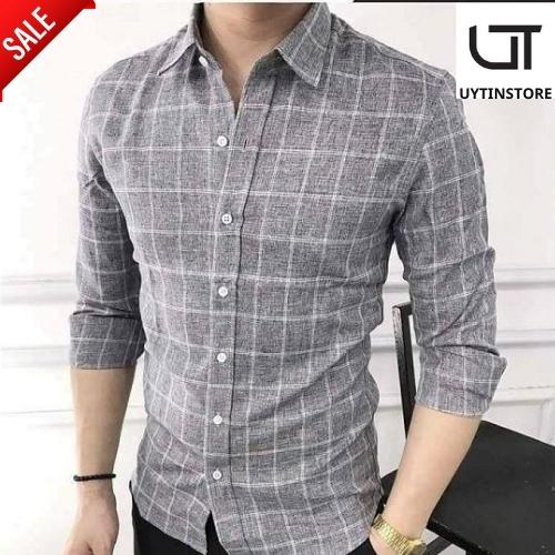 Áo sơ mi nam dài tay chất đũi màu Xám Kẻ Ca Rô chuẩn thiết kế Hàn Quốc from slim