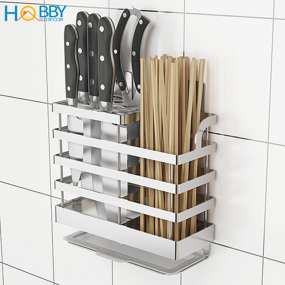 Kệ đựng đũa muỗng Inox 304 HOBBY KDMD dán tường gạch men có khay hứng nước - kèm keo dán và miếng Inox dán | BigBuy360 - bigbuy360.vn