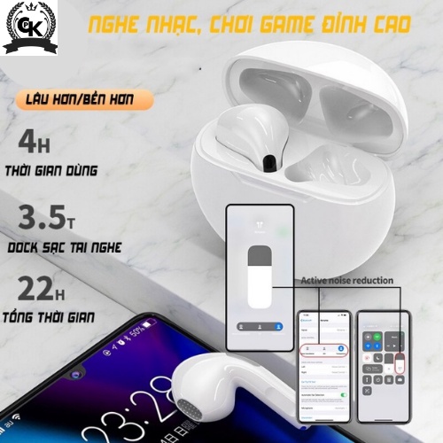 Tai nghe pro 6 bản cao cấp nhất, tai nghe bluetooth không dây có mic, âm thanh vòm cảm biến định vị đổi tên