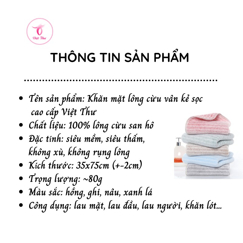 Khăn mặt lông cừu vân kẻ sọc cao cấp VIỆT THƯ, siêu mềm mịn, siêu thấm hút, siêu dày, 80g, 35x75cm