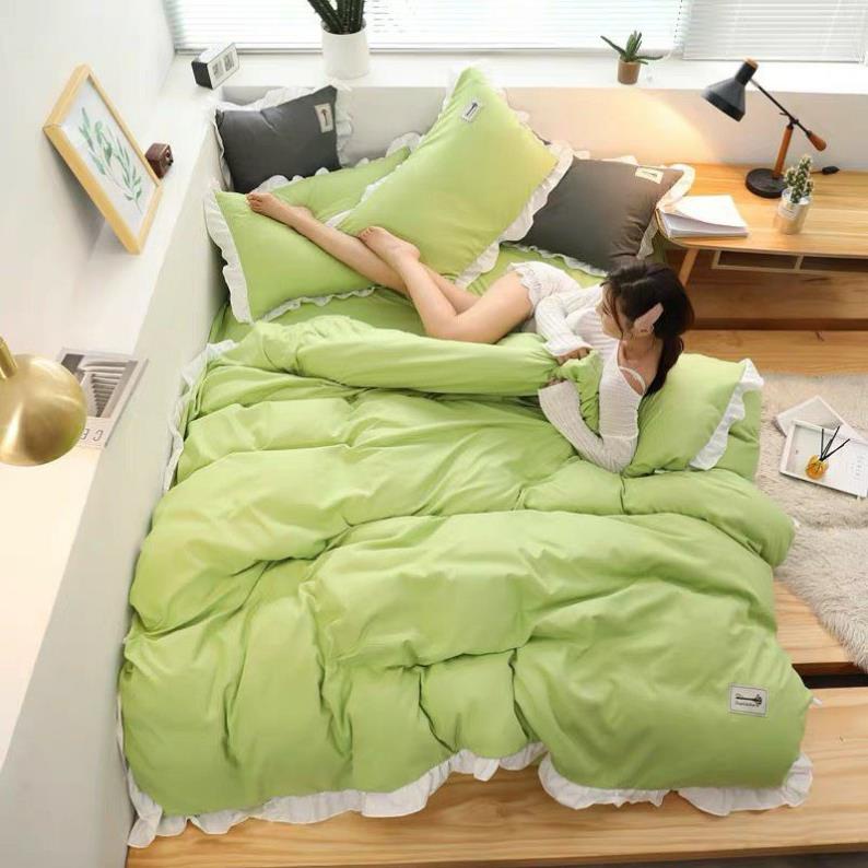 Bộ chăn ga gối cotton tici phối viền bèo xinh xắn, chất cotton thoáng mát không phai màu, không xù, miễn phí bo chun