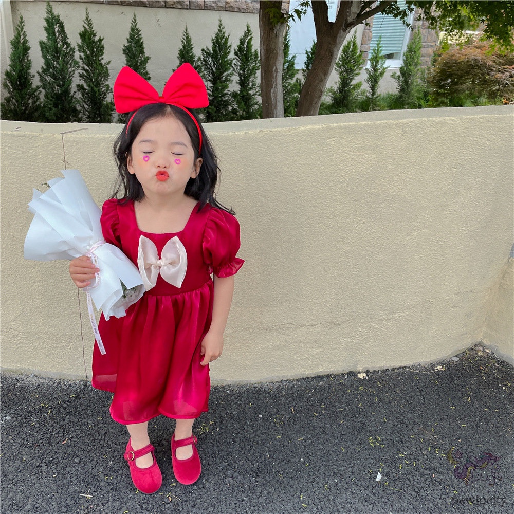 Đầm Công Chúa Tay Phồng Cổ Vuông Thắt Nơ Phong Cách Hàn Quốc Xinh Xắn Cho Bé Gái