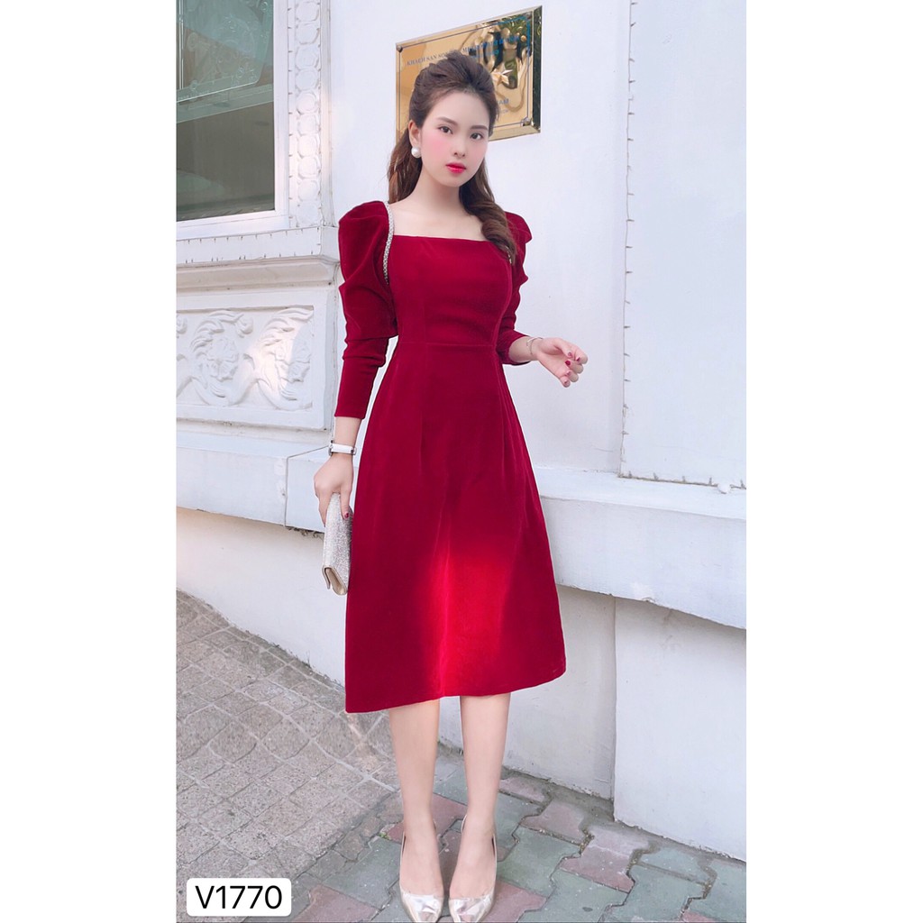 Váy nhung đỏ viền ngọc V1770 - - Đẹp Shop DVC - Kèm ảnh thật trải sàn do shop tự chụp | BigBuy360 - bigbuy360.vn