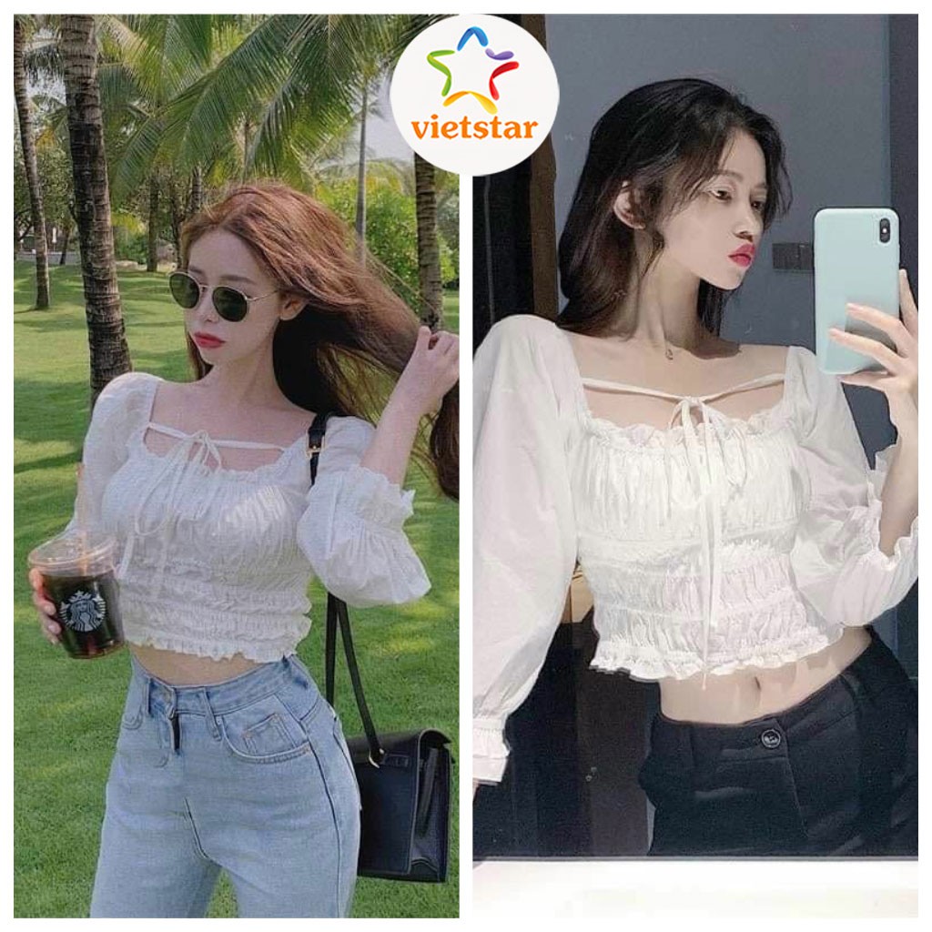 Áo croptop kiểu tay phồng VIETSTAR áo croptop tay dài ôm bèo nhún