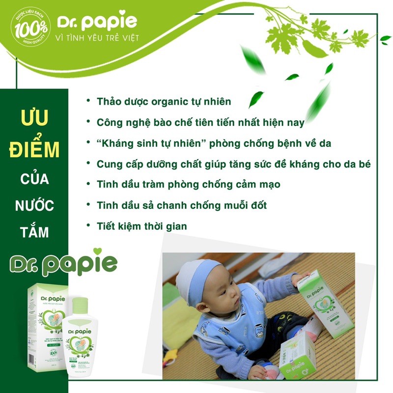 Nước Tắm Gội Thảo Dược 𝐃𝐫 𝐏𝐚𝐩𝐢𝐞 230ml ( 0-3 tuổi ) - Nước tắm hỗ trợ giảm rôm sảy