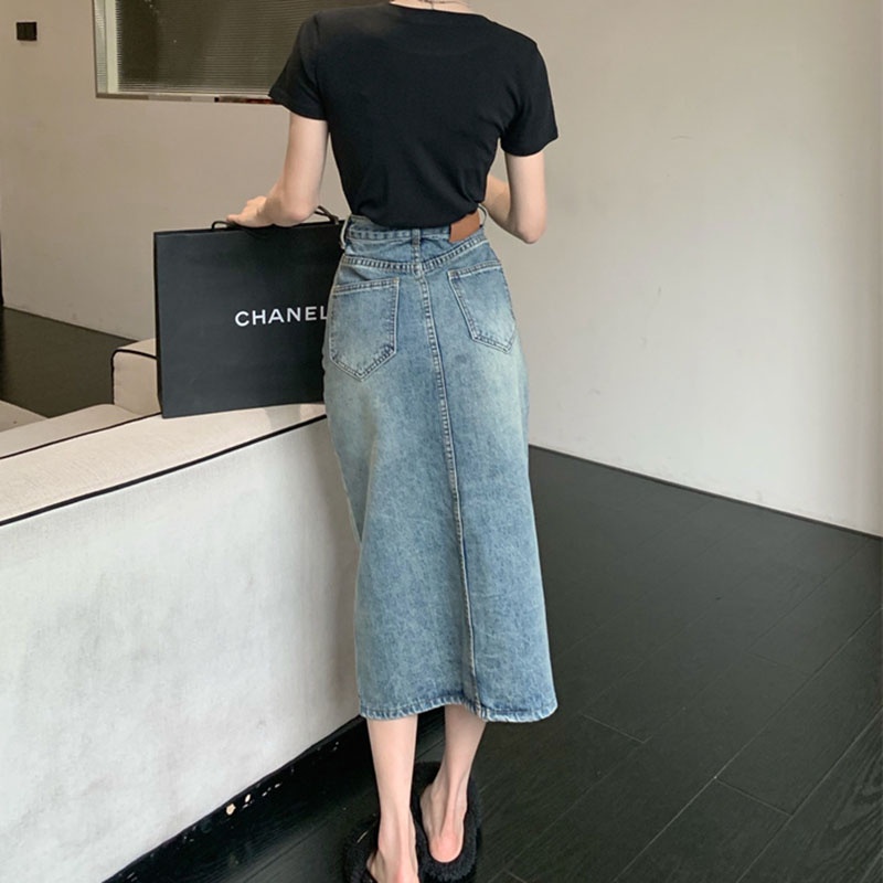 Chân váy jean IELGY dáng chữ A lưng cao phong cách retro dành cho nữ