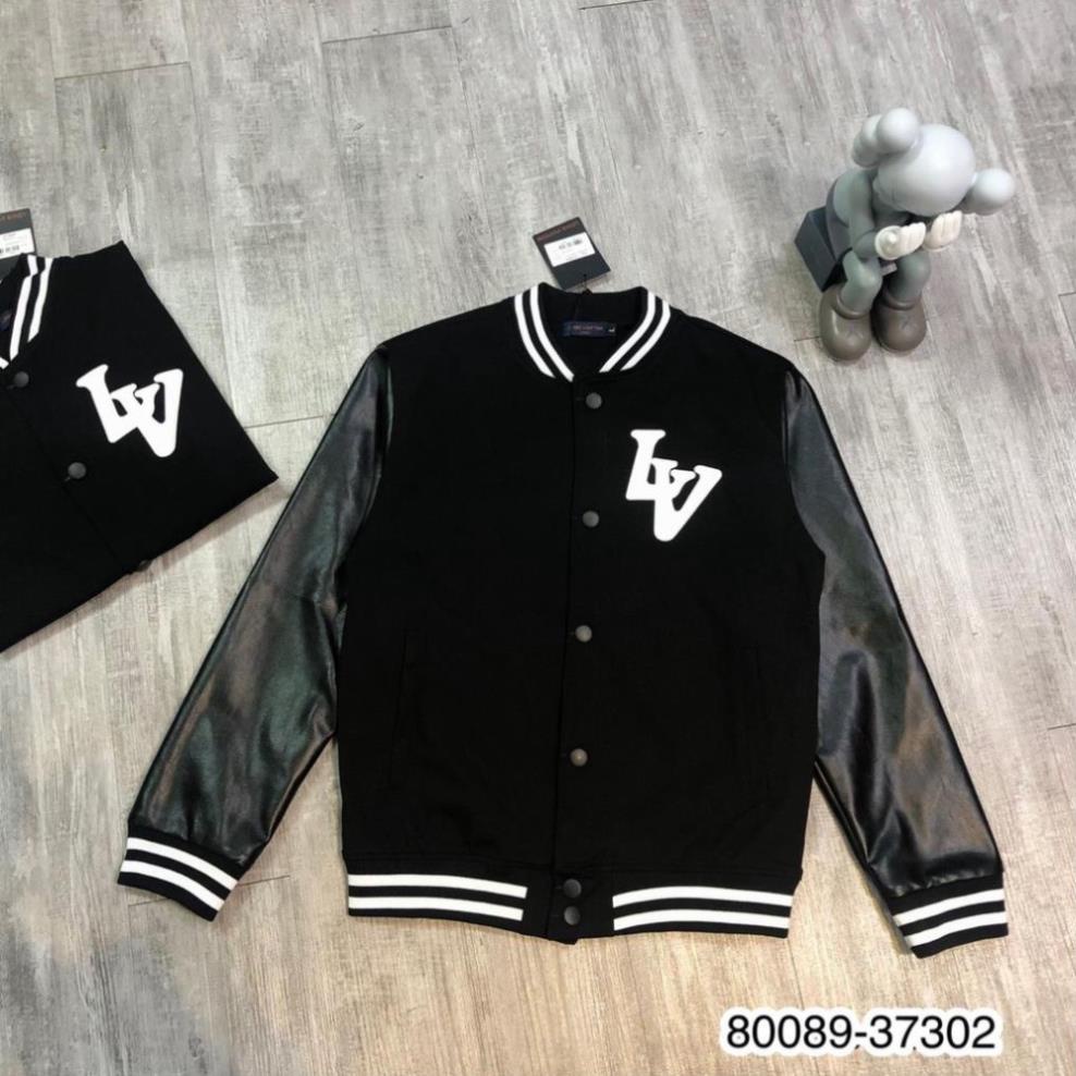 Áo  bomber LV thêu logo chất dạ phối tay da cao cấp - Áo khoác bomber tay da cao cấp nam nữ .