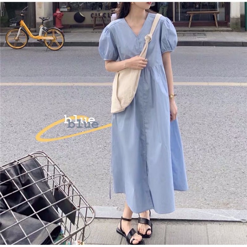 Đầm dáng rộng maxi 2 màu xanh páter cổ V