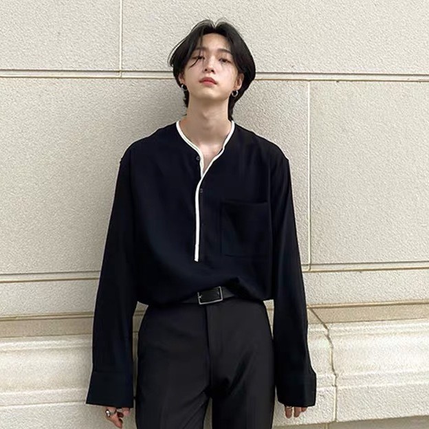 Sơ mi nam Tay Dài form rộng CỔ TRÒN phối viền