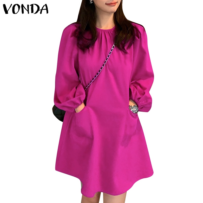 Đầm VONDA tay dài dáng rộng màu trơn phong cách Hàn Quốc thời trang cho nữ