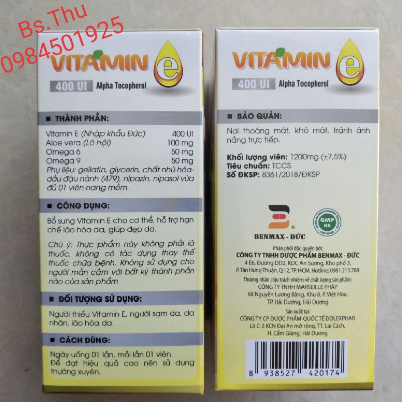 Vitamin E Benmax (lọ 50 viên) nguyên liệu vitaminE nhập khẩu Đức hỗ trợ làm đẹp da