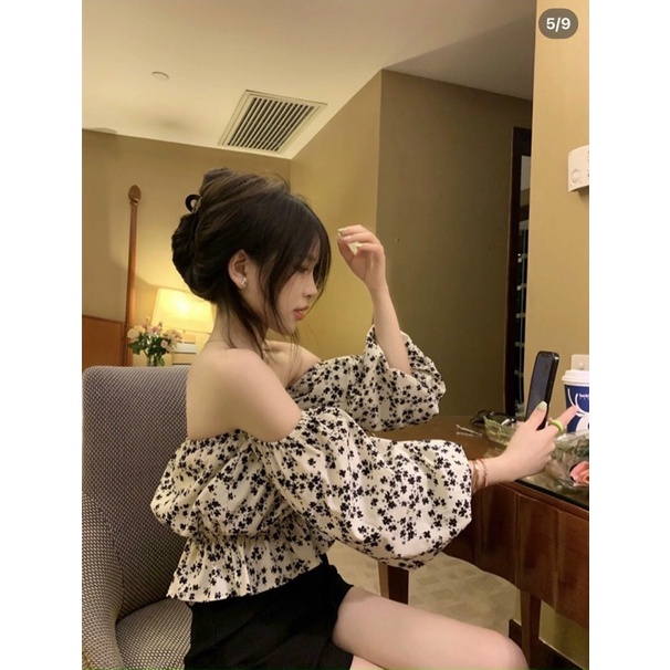 SET ÁO HOA PEPLUM CROPTOP BẸT VAI BO CHUN EO + QUẦN SHORT ĐEN