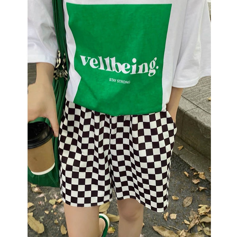 Quần short lưng cao ống rộng thiết kế xẻ tà họa tiết sọc caro thời trang cá tính cho nữ