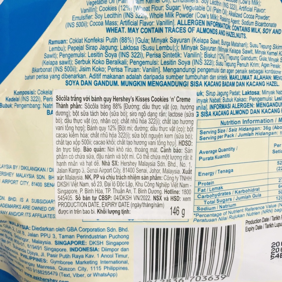 Socola Hershey'S Kisses Đủ Các Vị Gói 146g nhập khẩu Malaysia