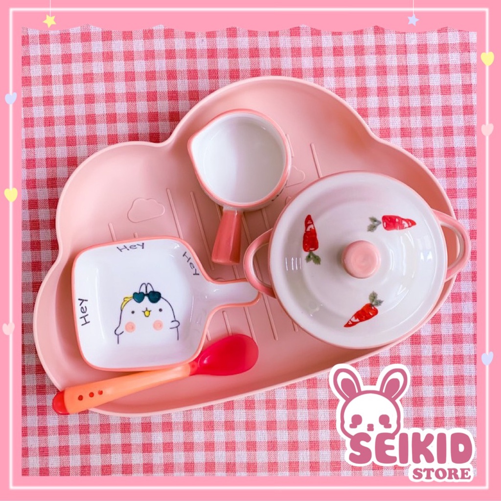 Combo Set Bát Sứ Ăn Dặm Cho Bé Hoạ Tiết Ngộ Nghĩnh Kèm Khay Seikid Store (tặng kèm thìa báo nóng)