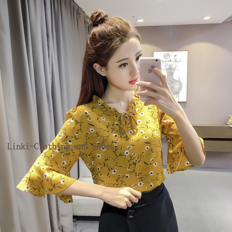 Áo sơ mi chiffon phong cách Hàn Quốc tay loe họa tiết in hoa cho nữ