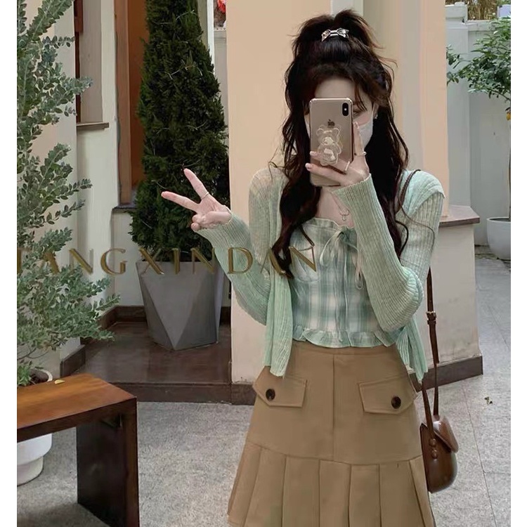 Set áo cardigan + áo 2 dây kẻ thắt nơ xanh mint hot trend