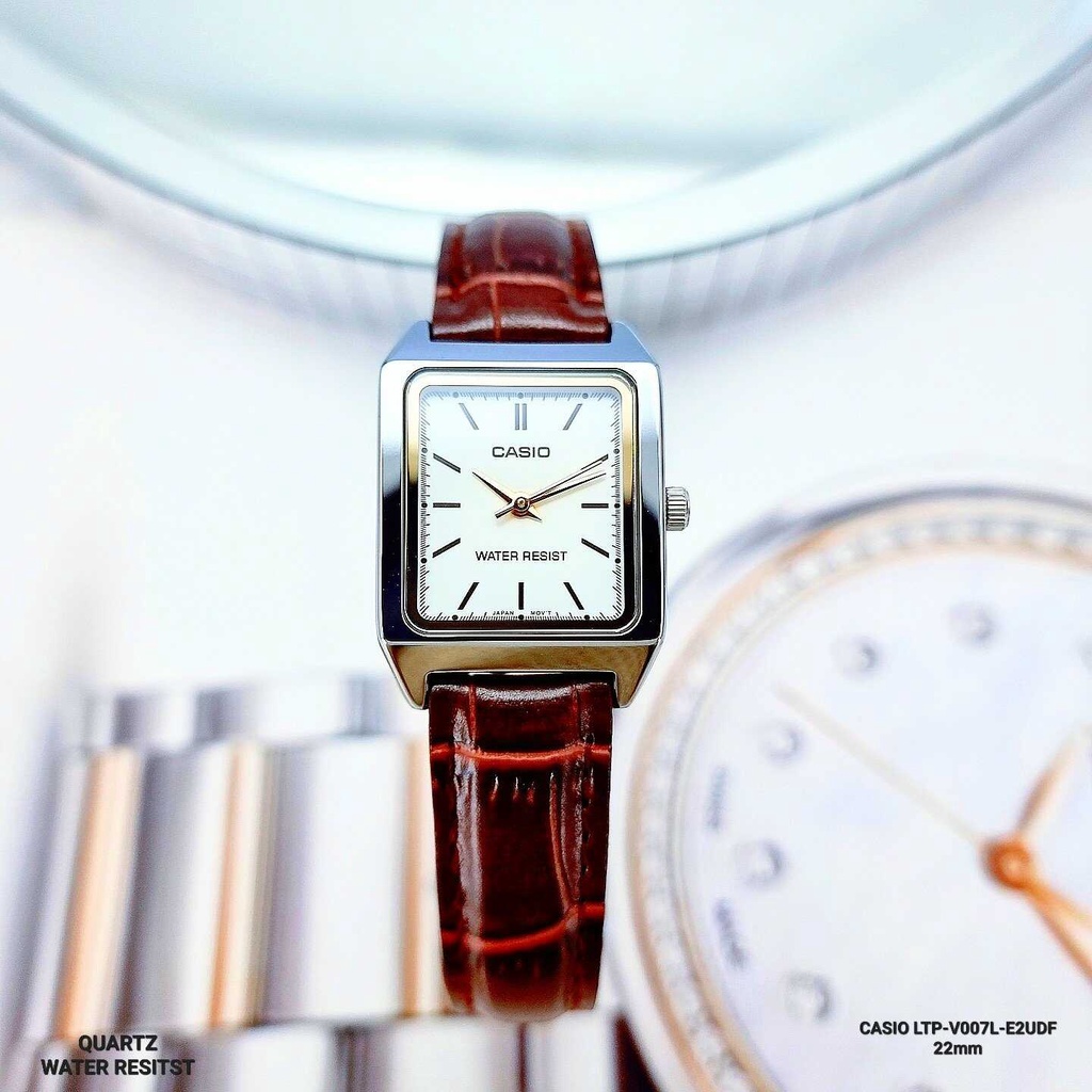 Đồng Hồ Nữ Casio LTP-V007L-E2UDF Pin Dây Da Cọc Số La Mã Viền Vàng Mặt Trữ Nhật