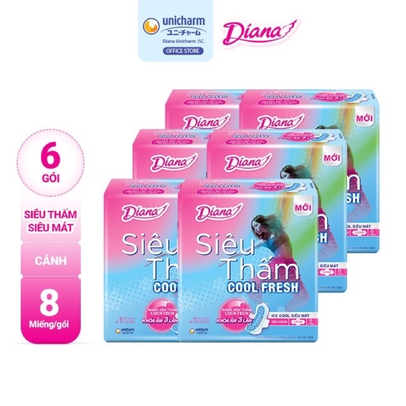 Combo 6 Băng vệ sinh Diana Cool Fresh siêu mát lạnh siêu thấm có cánh