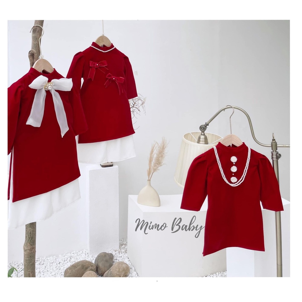 Áo dài nhung đỏ cao cấp hàng thiết kế cho bé gái tặng kèm mấn Mimo Baby AD06