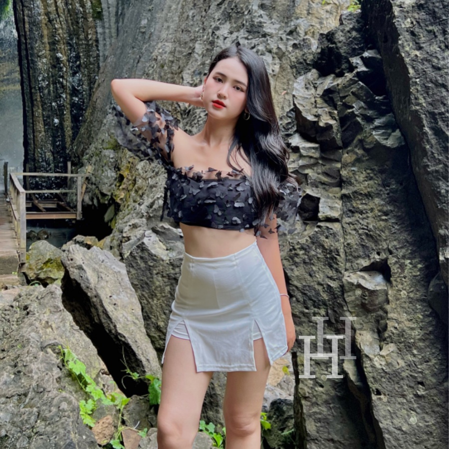 Áo croptop ống tay ngắn ren kết nổi màu đen &amp; xanh HAC144 Hỉn Hỉn Store
