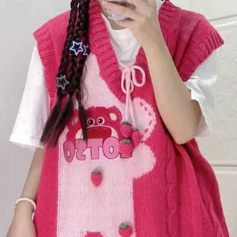 Áo Sweater Dệt Kim Không Tay Dáng Rộng Thêu Họa Tiết Gấu Và Dâu Tây Hoạt Hình Thời Trang Xuân Thu Cho Nữ