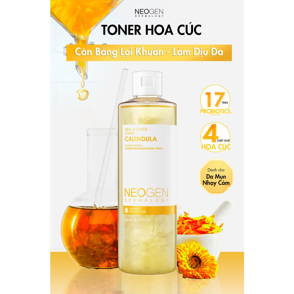 Nước Hoa Hồng Chiết Xuất Hoa Cúc Siêu Cấp Ẩm Dịu Da Cho Da Mụn Neogen Dermalogy Real Flower Calendula Toner 300ml