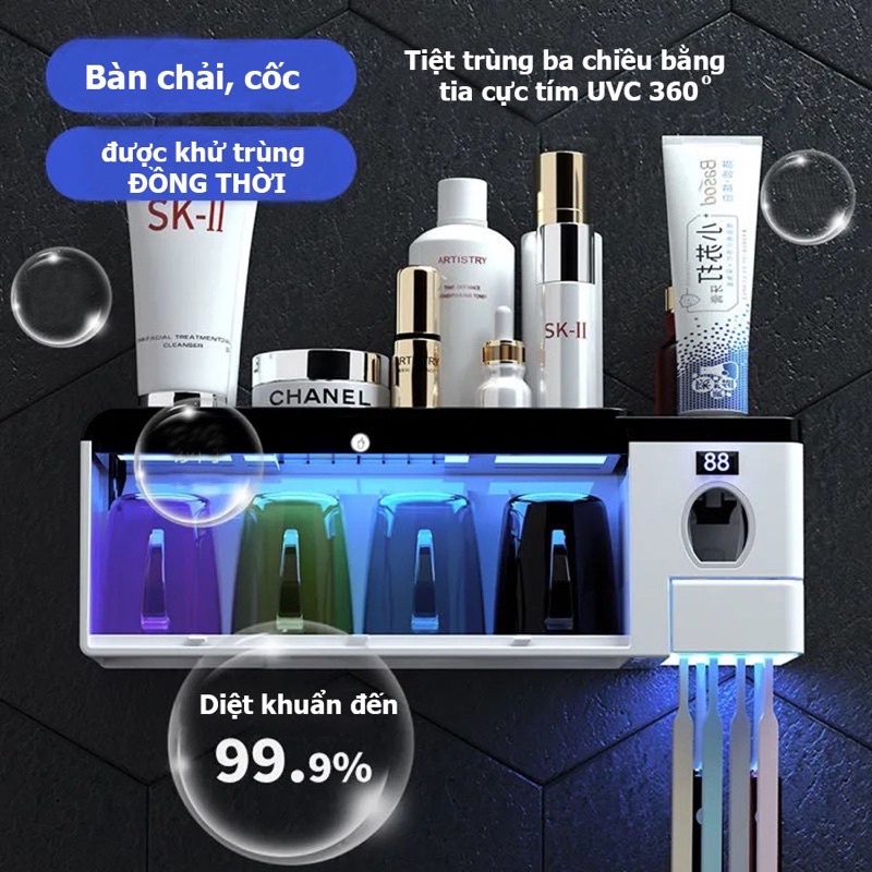 Giá treo bàn chải thông minh - 4 cốc - khử trùng bằng tia cực tím gắn tường