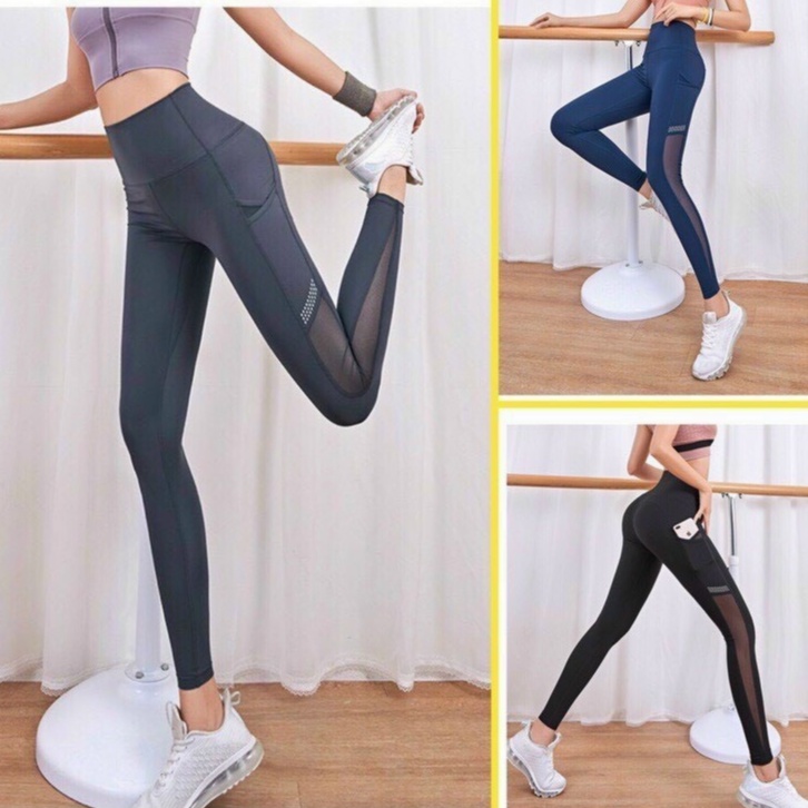 Quần Tập Gym Yoga Dài Phối Lưới Túi Nâng Mông, Quần Legging Thể Thao Aerobic In Chữ Ba Màu [Ảnh Chụp Thật] - OQ067