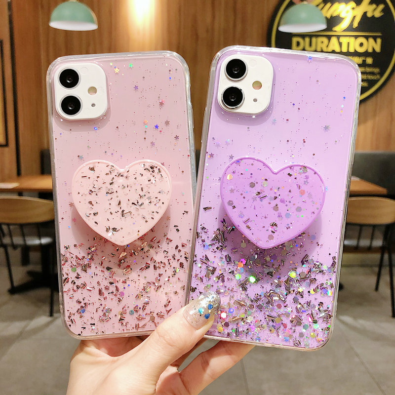 Heart stents Samsung Galaxy A20 A21S A30 A30S A31 A50 A50S A51 A70 A71 A80 A90 Transparent Glittering Star Sky with holder Soft phone case