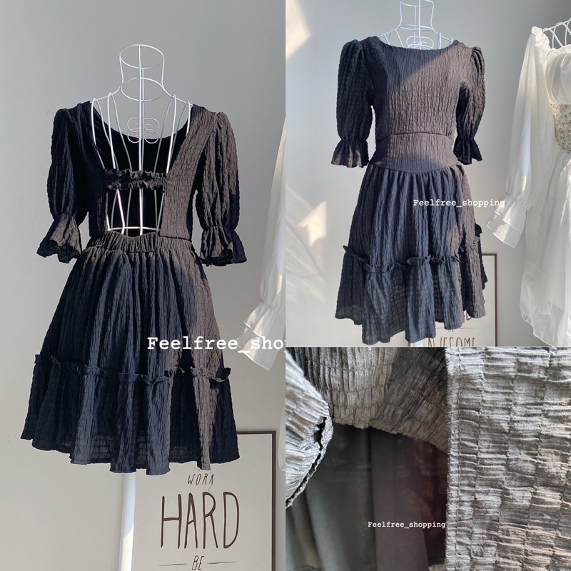 Đầm Đen In Nổi Tay Ngắn Hở Lưng Hai Lớp Mặc Đi Tiệc Đi Chơi (Hình Thật) D069