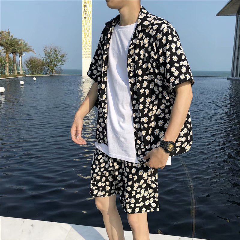 Men's Fashion Chrysanthemum Pattern Short Sleeve Shirt And Shorts Set