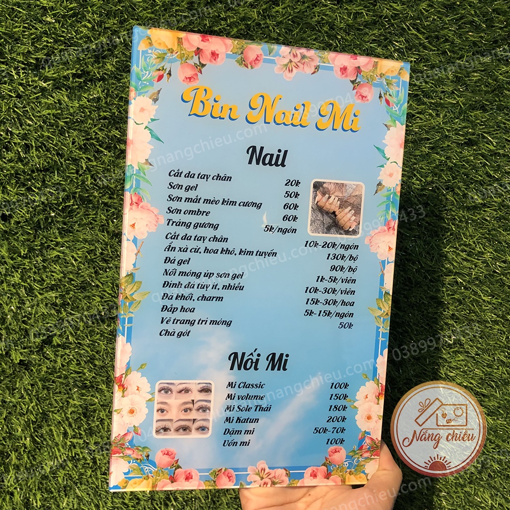 Bảng giá dịch vụ hoặc Menu cho tiệm Nail Mi làm bằng mica chống thấm nước - Thiết kế theo yêu cầu