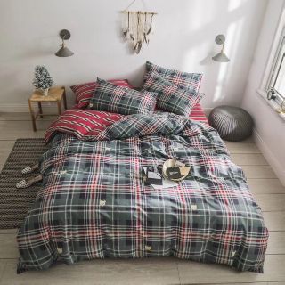 Bộ kẻ đen đỏ sang trọng set chăn ga gối 4 món cotton organic hàn cao cấp