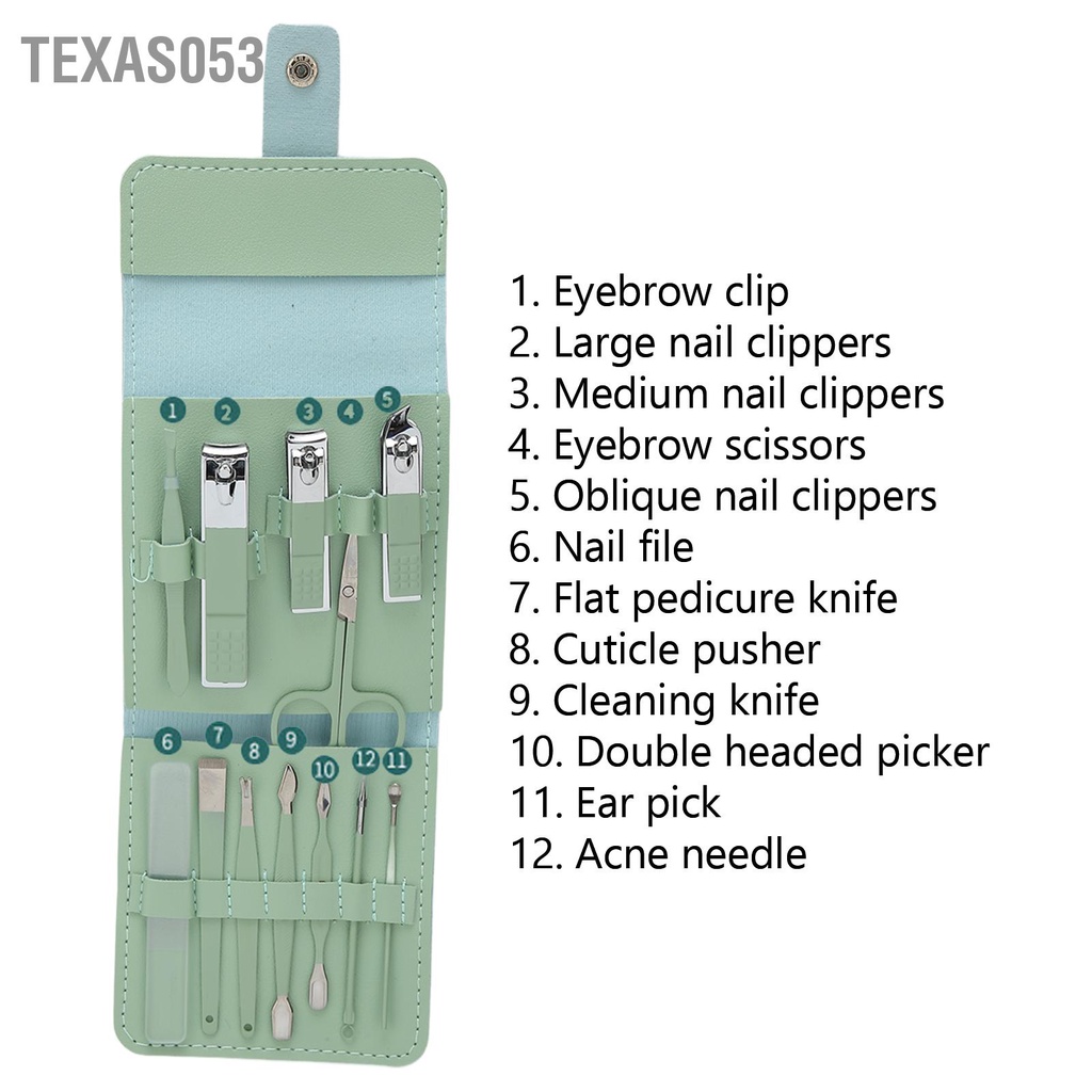 Texas053 12 cái Bộ làm móng tay bằng thép không gỉ chân con dao kéo lông mày Earpick Nail Clipper Set (Mint Green)