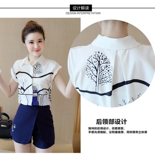 Áo sơ mi họa tiết + quần váy