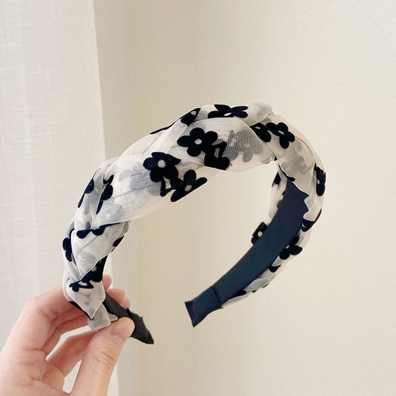 Băng đô bản rộng Haimeikang vải nhung phối lưới họa tiết hoa thời trang retro cao cấp