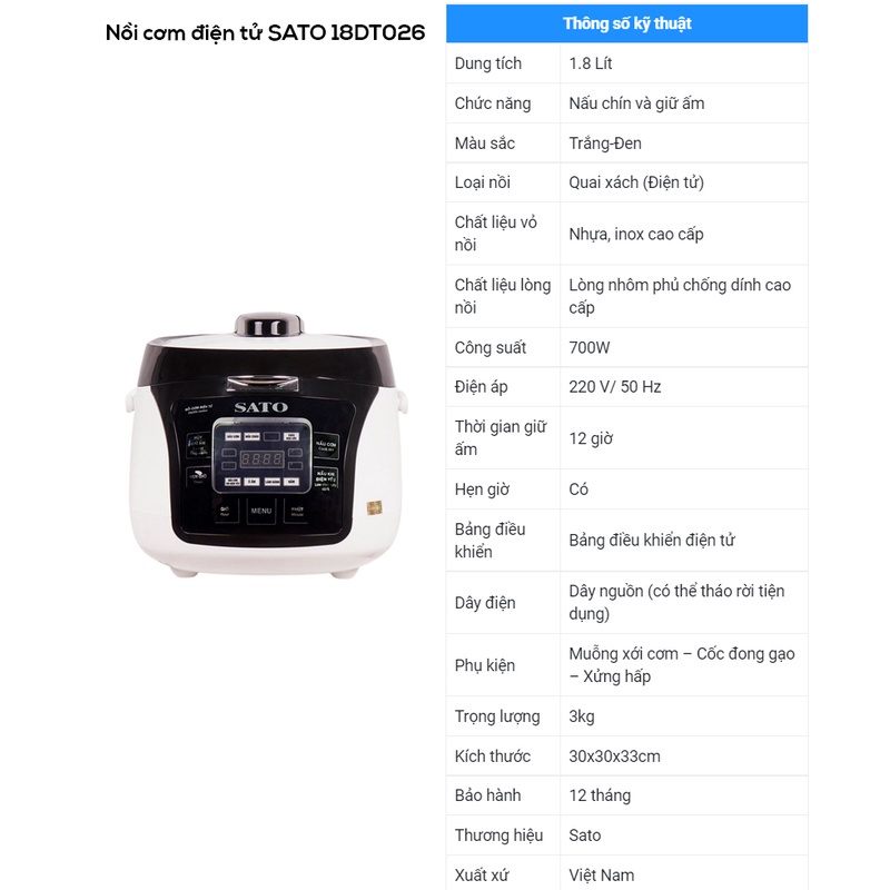 Nồi cơm điện tử sato 18DT026 dung tích 1.8L, Nồi cơm điện đa năng cho gia đình - Chính hãng 1 đổi 1 bảo hành 12 tháng