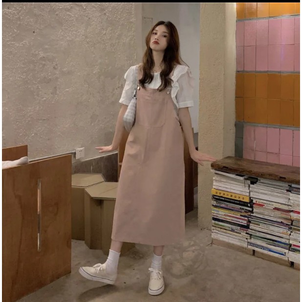 [LININ] Set Áo Sơ Mi Ren Liền Váy Yếm Denim Dáng Rộng Thời Trang Mùa Hè Cho Nữ