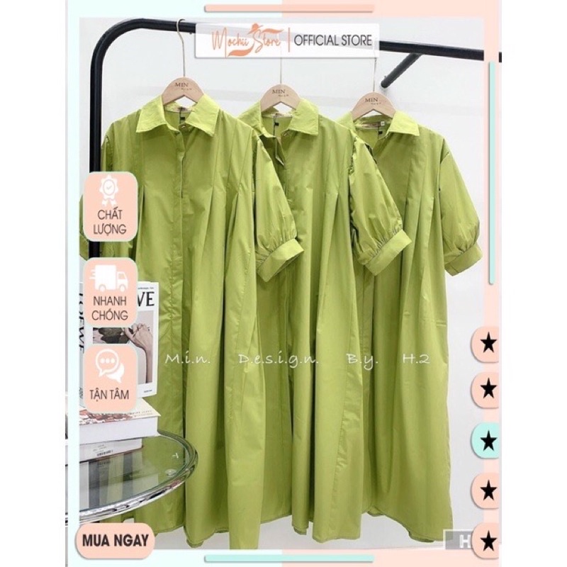 Đầm sơ mi nữ dáng suông, form rộng tay bồng màu xanh cốm pastel xả kho