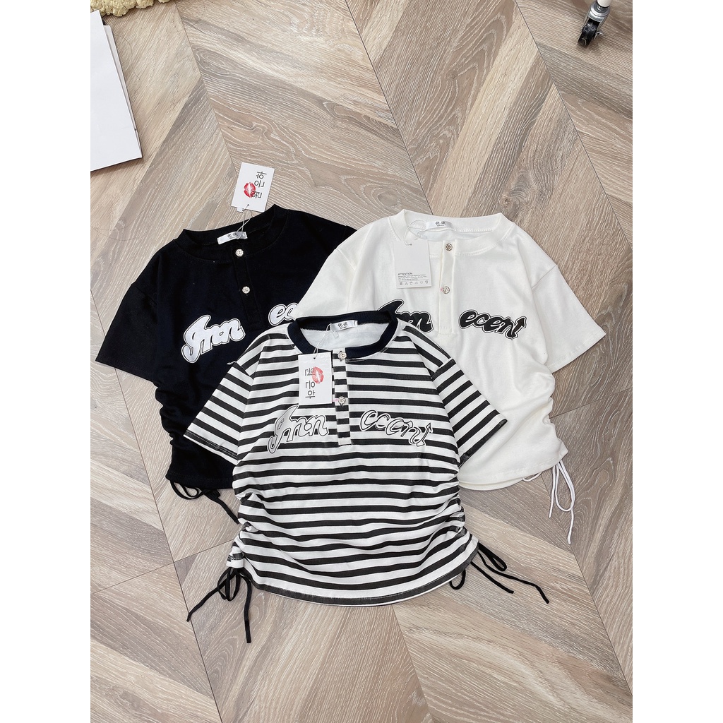 Áo croptop dây rút 2 bên cổ tròn họa tiết chữ LT250