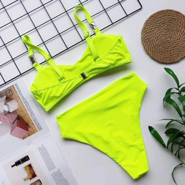 [BKN766] &lt;ÂU&gt; SET BIKINI BASIC XANH NEON KHUY INOX (CẠP CAO)