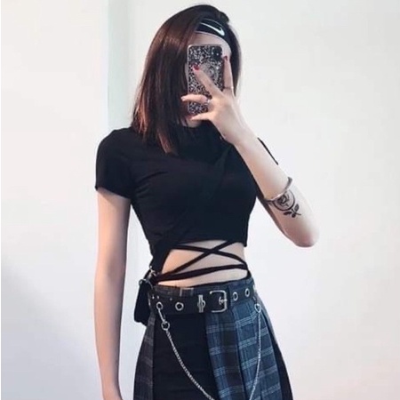 ÁO KIỂU CỘT EO TAY NGẮN ĐEN SEXY CÁ TÍNH COOL GIRL