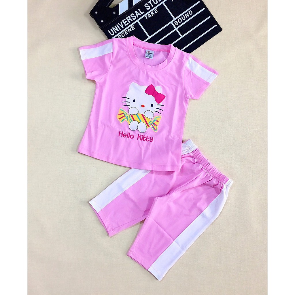 SIZE 1-7 (10-21kg) ĐỒ BỘ BÉ GÁI ÁO TAY NGẮN QUẦN LỬNG THUN COTTON IN HÌNH HELLO KITTY