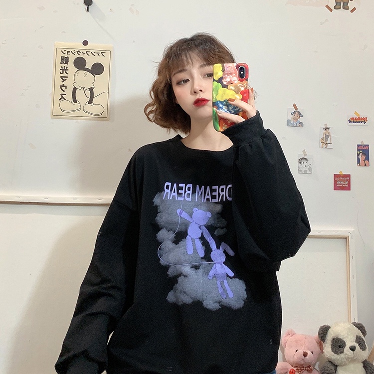 ZHELIHANGFEI Áo Sweater Dáng Rộng Họa Tiết Gấu Hoạt Hình Xinh Xắn