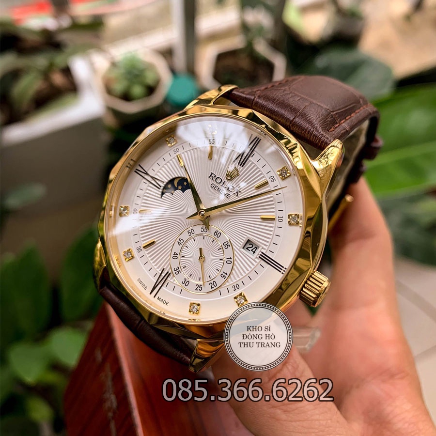 Đồng hồ nam Rolex cơ Automatic máy Nhật mẫu 3 kim trắng viền vàng cắt vát kim cương size 40-41mm