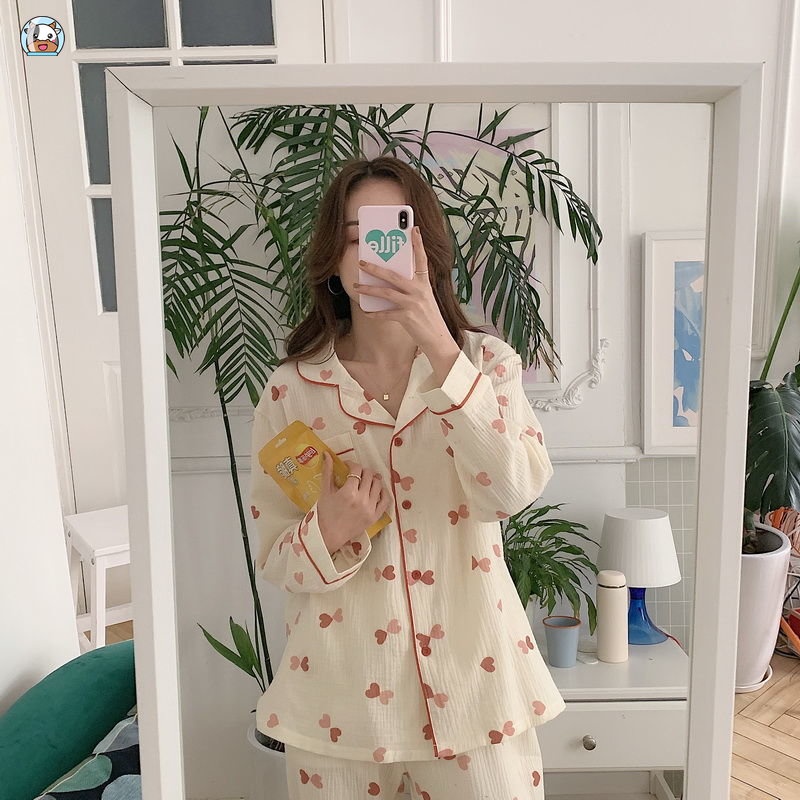 Bộ Đồ Ngủ Tay Dài Chất Liệu cotton Thời Trang Xuân Thu Xinh Xắn Cho Nữ