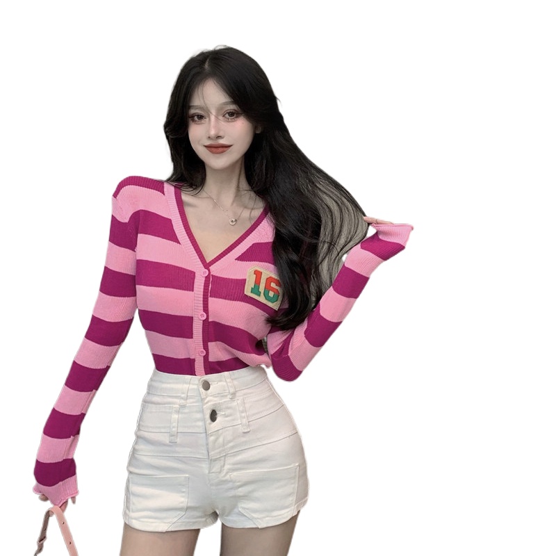 -#Áo Khoác Cardigan Dệt Kim Tay Dài Cổ Chữ v Họa Tiết Kẻ Sọc Dáng Rộng Thời Trang Mùa Hè Cho Nữ