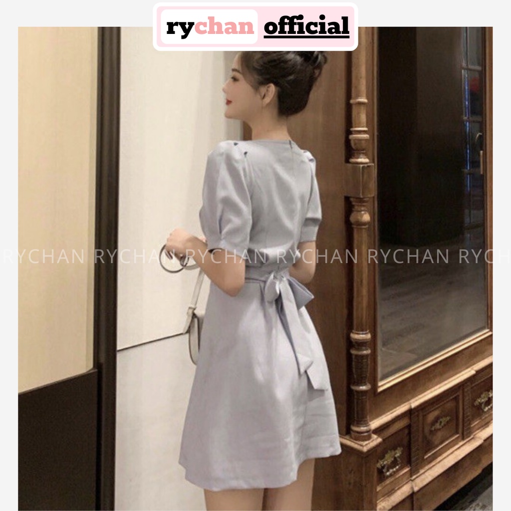 [ẢNH THẬT CUỐI] DX020 - Đầm Xòe Xám Cột Nơ Sau Phối Cổ Vuông Đầm Đi Dạo Tay Phồng