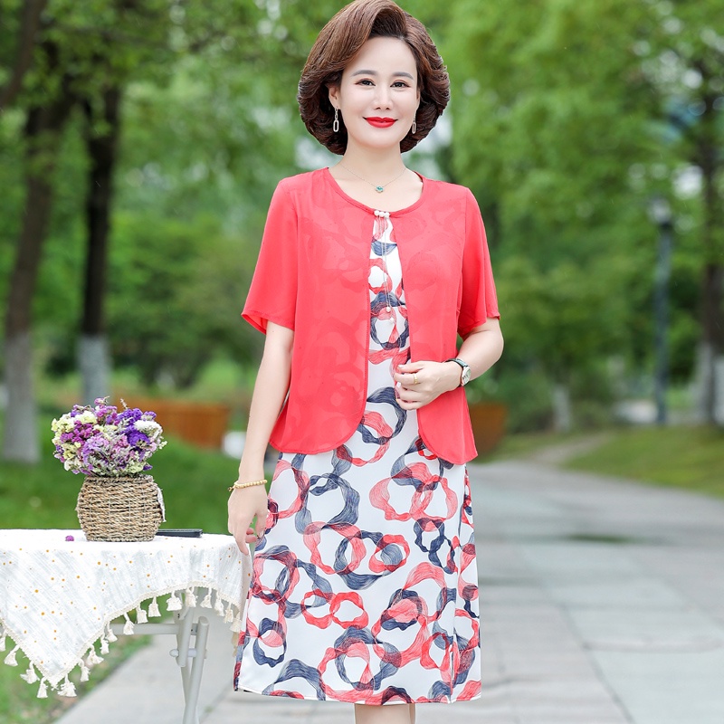 Đầm Tay Ngắn Giả Hai Lớp Thời Trang Mùa Hè Mới Dành Cho Phụ Nữ Trung Niên 5060 Tuổi